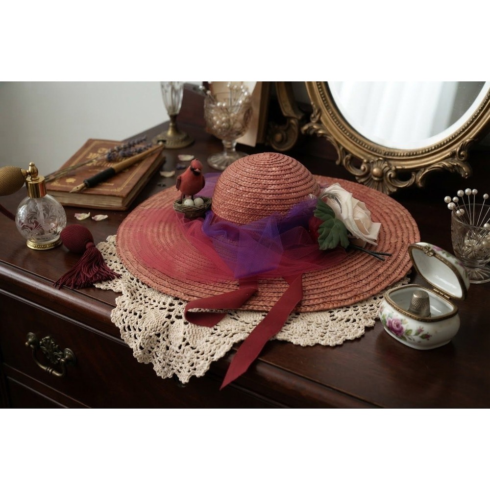 Vintage 1980s Easter Bonnet Wide Brim Straw Hat Floral Cardinal Garden Party